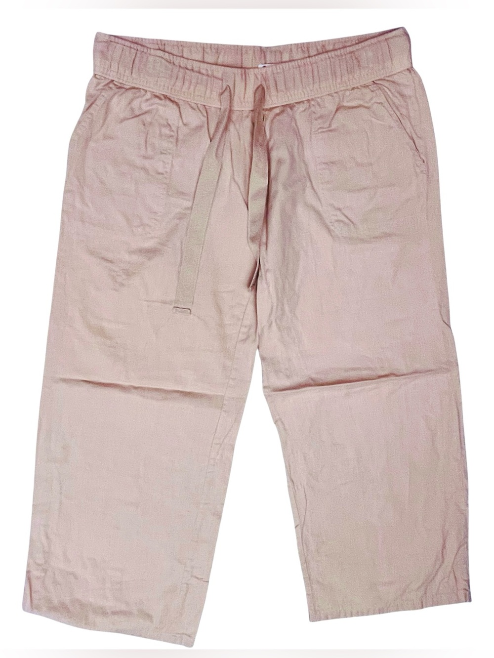 Lagaci  Crop Pants Linen Blend Tan Beach Drawstring Elastic Pull On Pockets Sz L - Picture 2 of 12